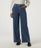 High Waisted Wide Leg Casual Jeans with Pockets — Estate Blue Denim — view 1