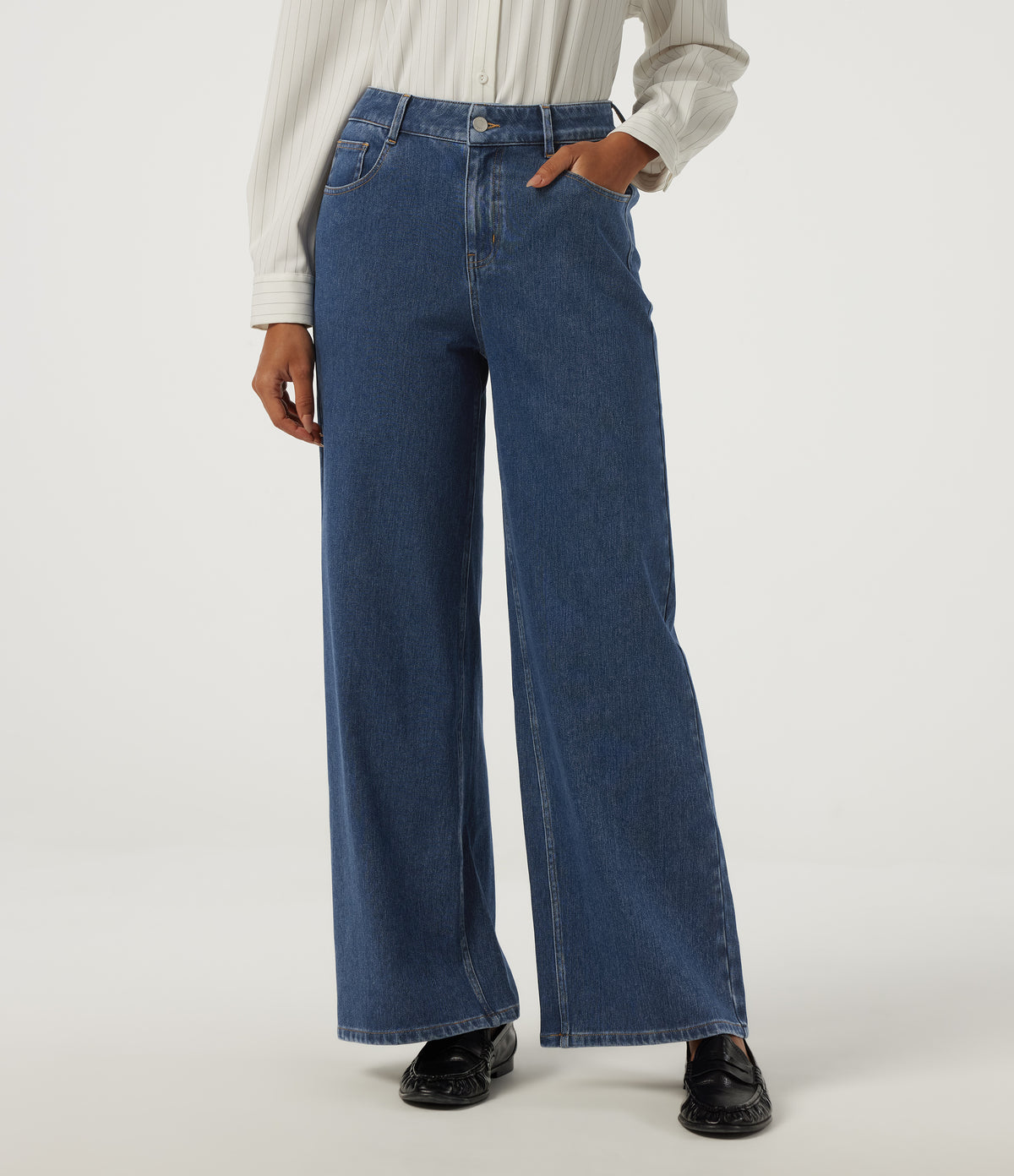 High Waisted Wide Leg Casual Jeans with Pockets — Estate Blue Denim — view 1