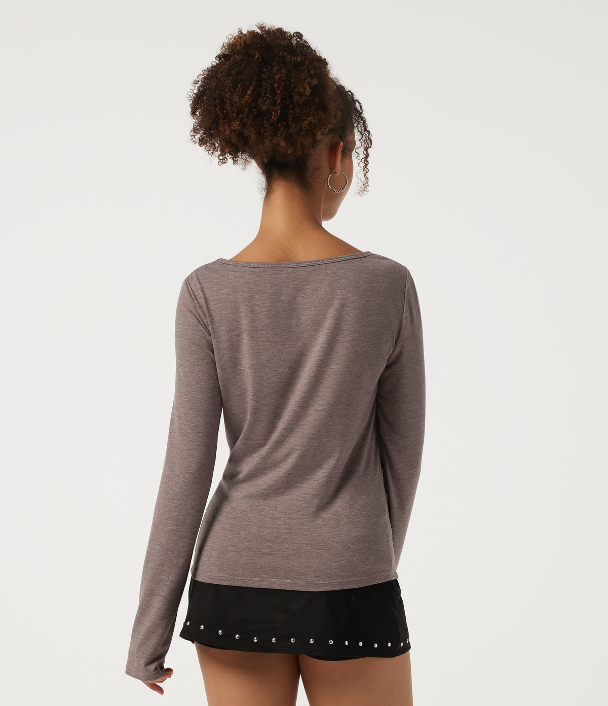 Round Neck Long Sleeve Ruched Casual Top — Deep Tea Brown Floral Yarn — view 2