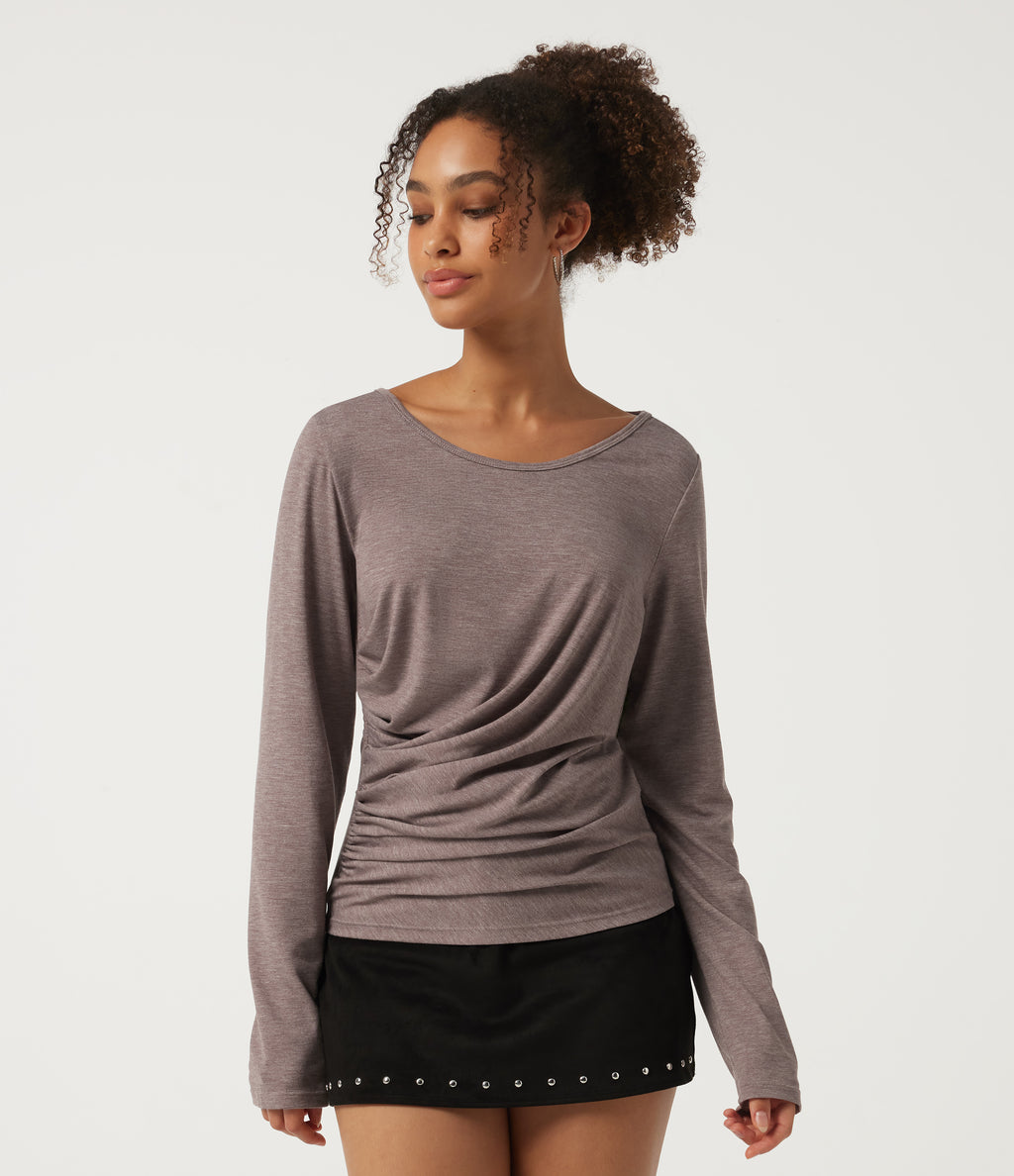 Round Neck Long Sleeve Ruched Casual Top — Deep Tea Brown Floral Yarn — view 4