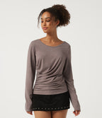 Round Neck Long Sleeve Ruched Casual Top — Deep Tea Brown Floral Yarn — view 4