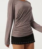 Round Neck Long Sleeve Ruched Casual Top — Deep Tea Brown Floral Yarn — view 5