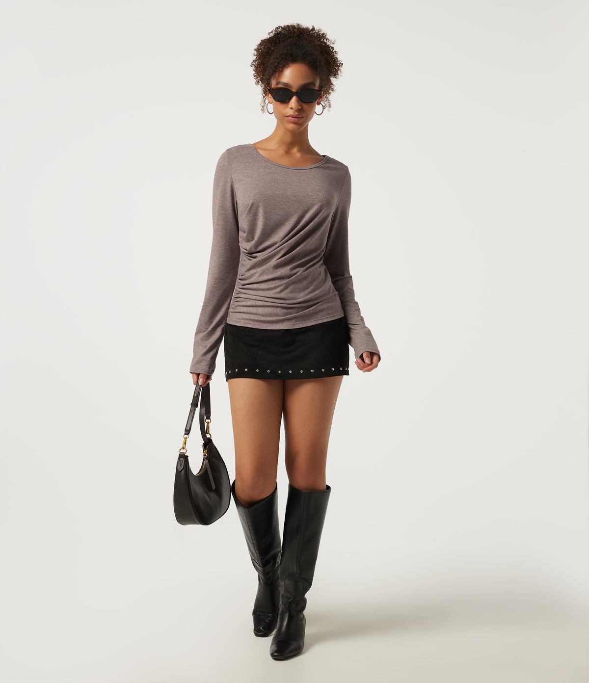 Round Neck Long Sleeve Ruched Casual Top — Deep Tea Brown Floral Yarn — view 7