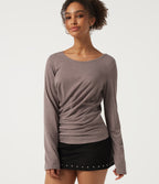 Round Neck Long Sleeve Ruched Casual Top — Deep Tea Brown Floral Yarn — view 1