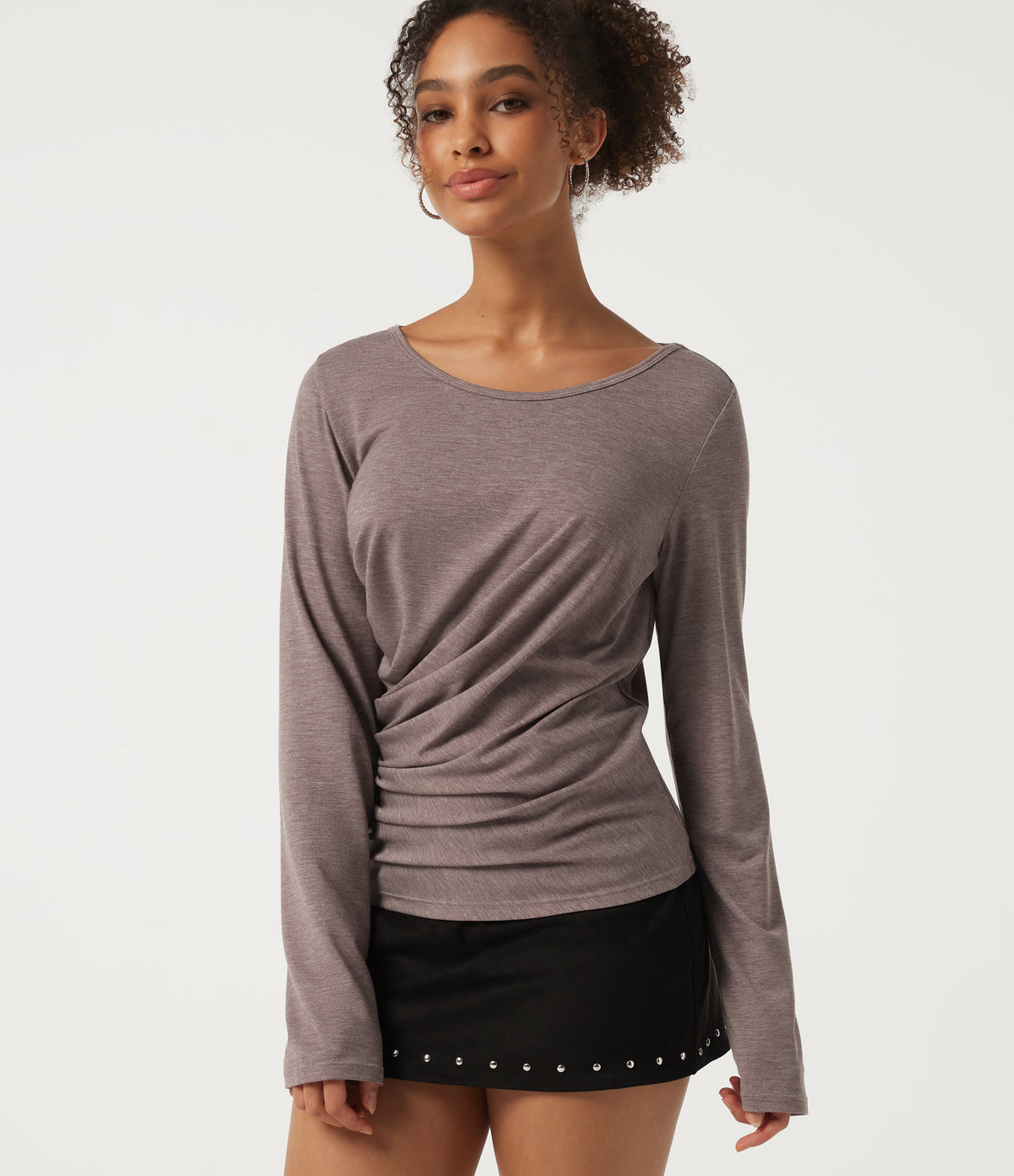 Round Neck Long Sleeve Ruched Casual Top — Deep Tea Brown Floral Yarn — view 1
