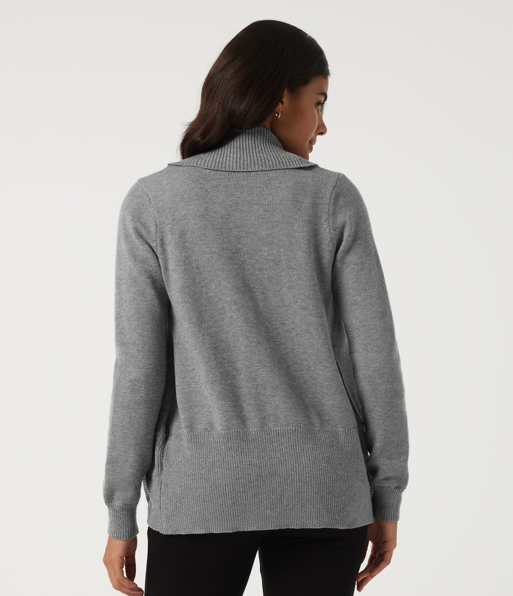 Lapel Collar Long Sleeve Work Cardigan with Thumbholes — Brushed Nickel — view 2