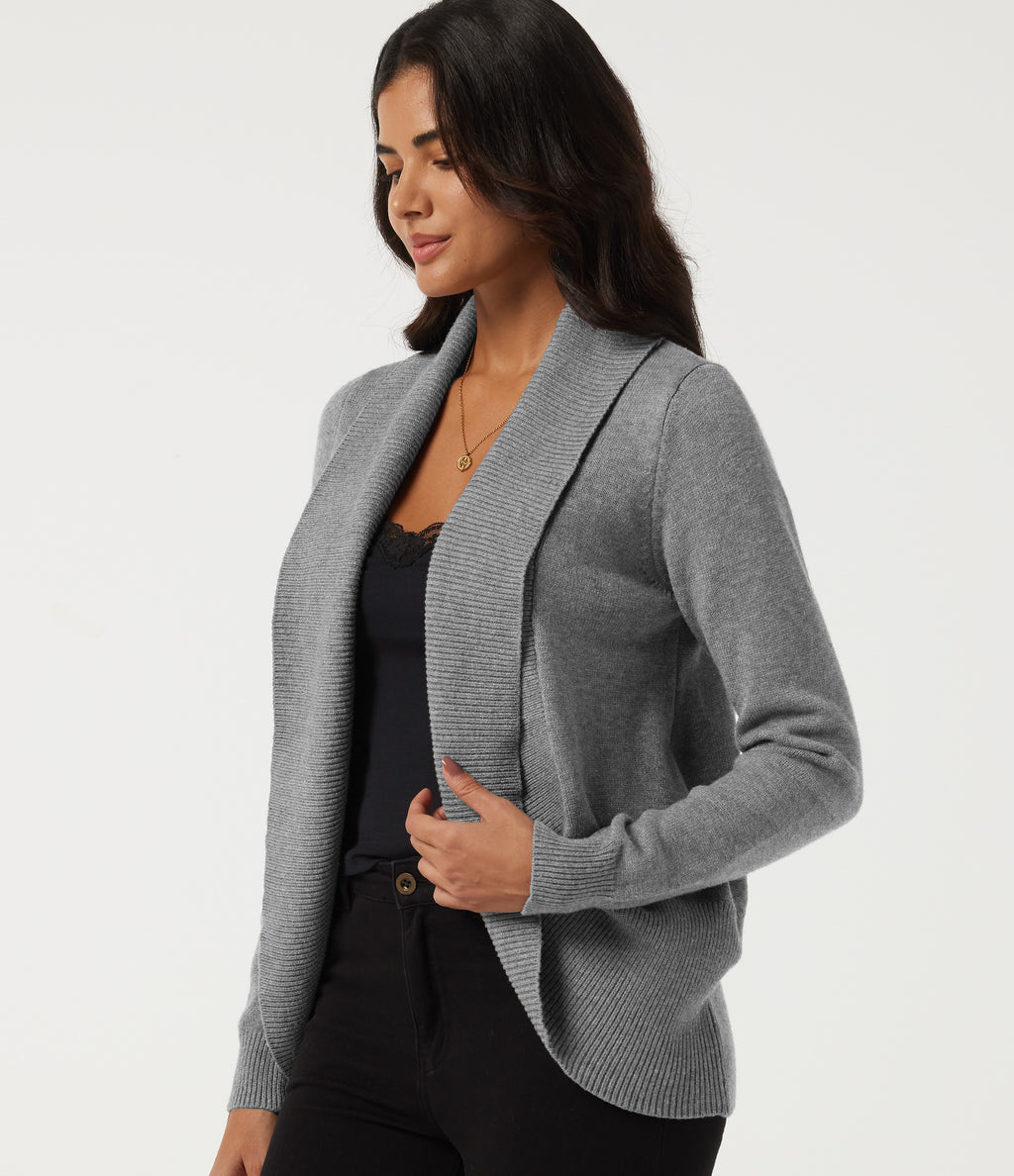 Lapel Collar Long Sleeve Work Cardigan with Thumbholes — Brushed Nickel — view 4