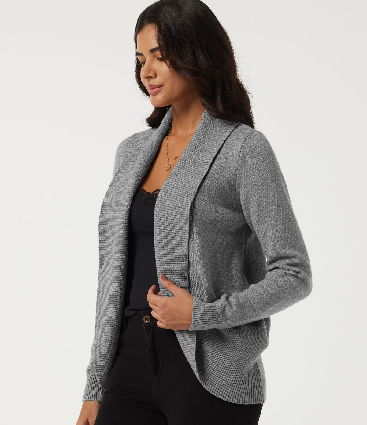 Lapel Collar Long Sleeve Work Cardigan with Thumbholes — Brushed Nickel — view 4