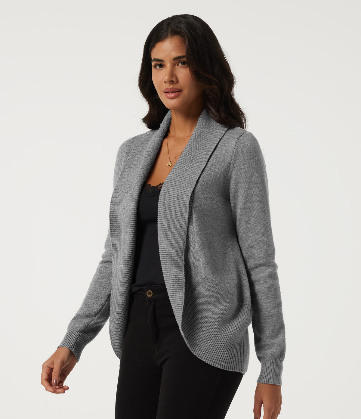 Lapel Collar Long Sleeve Work Cardigan with Thumbholes — Brushed Nickel — view 3