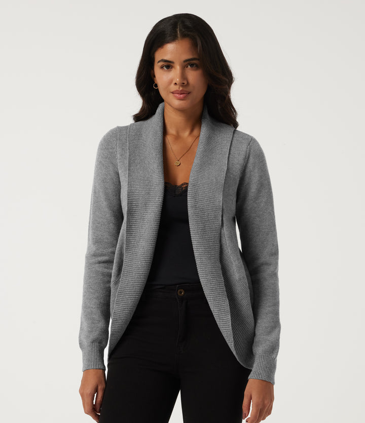 Lapel Collar Long Sleeve Work Cardigan with Thumbholes — Brushed Nickel — view 1