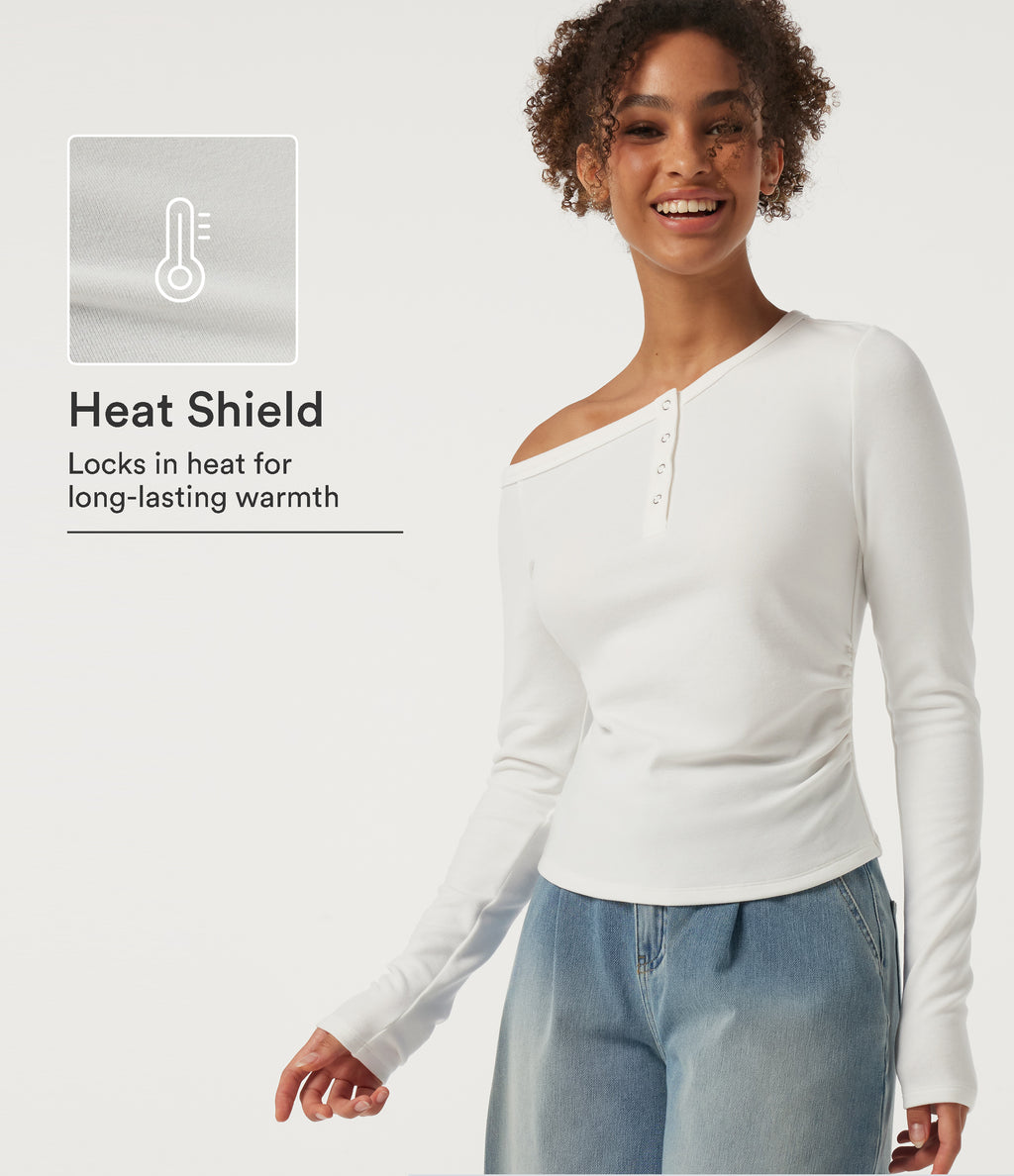 One Shoulder Long Sleeve Asymmetric Ruched Thermal Casual Top — White — view 1