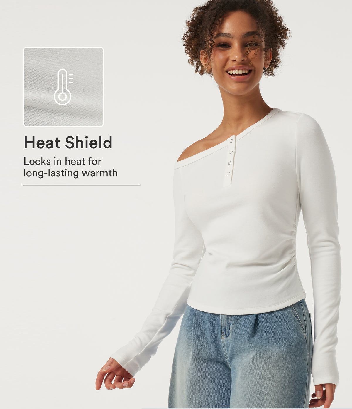 One Shoulder Long Sleeve Asymmetric Ruched Thermal Casual Top — White — view 1