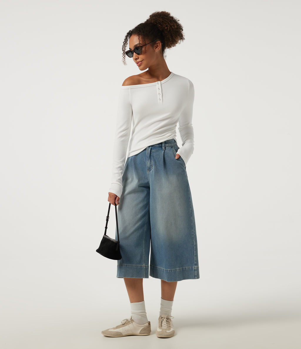 One Shoulder Long Sleeve Asymmetric Ruched Thermal Casual Top — White — view 7
