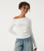One Shoulder Long Sleeve Asymmetric Ruched Thermal Casual Top — White — view 4