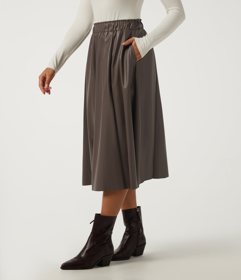 High Waisted A Line Midi Casual Skirt with Pockets — Hot Fudge — view 3