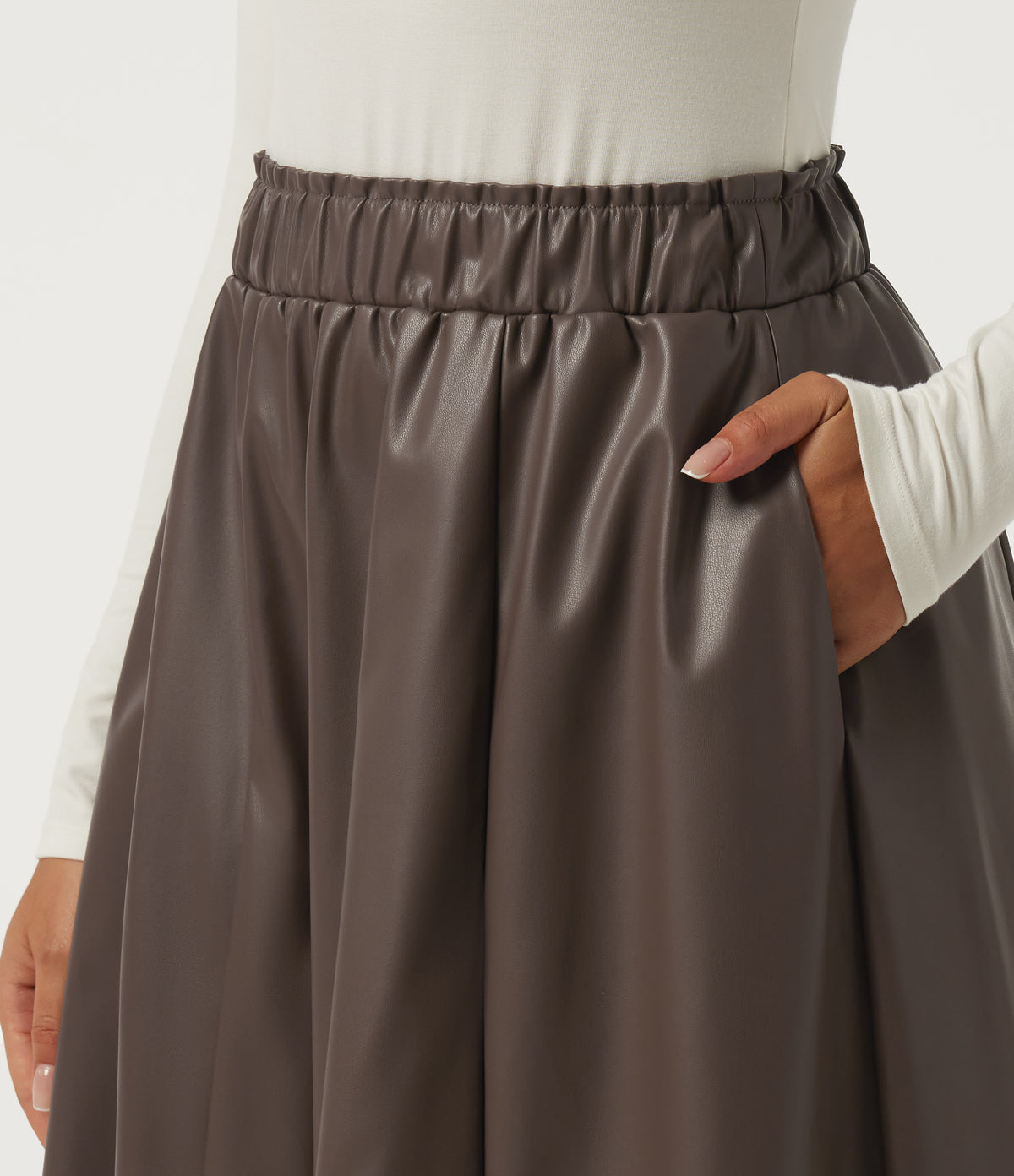 High Waisted A Line Midi Casual Skirt with Pockets — Hot Fudge — view 4