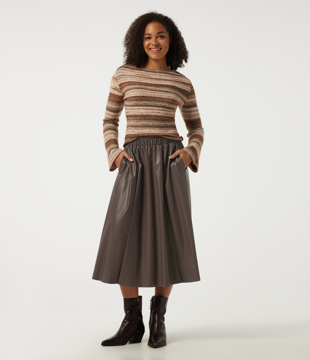 High Waisted A Line Midi Casual Skirt with Pockets — Hot Fudge — view 5