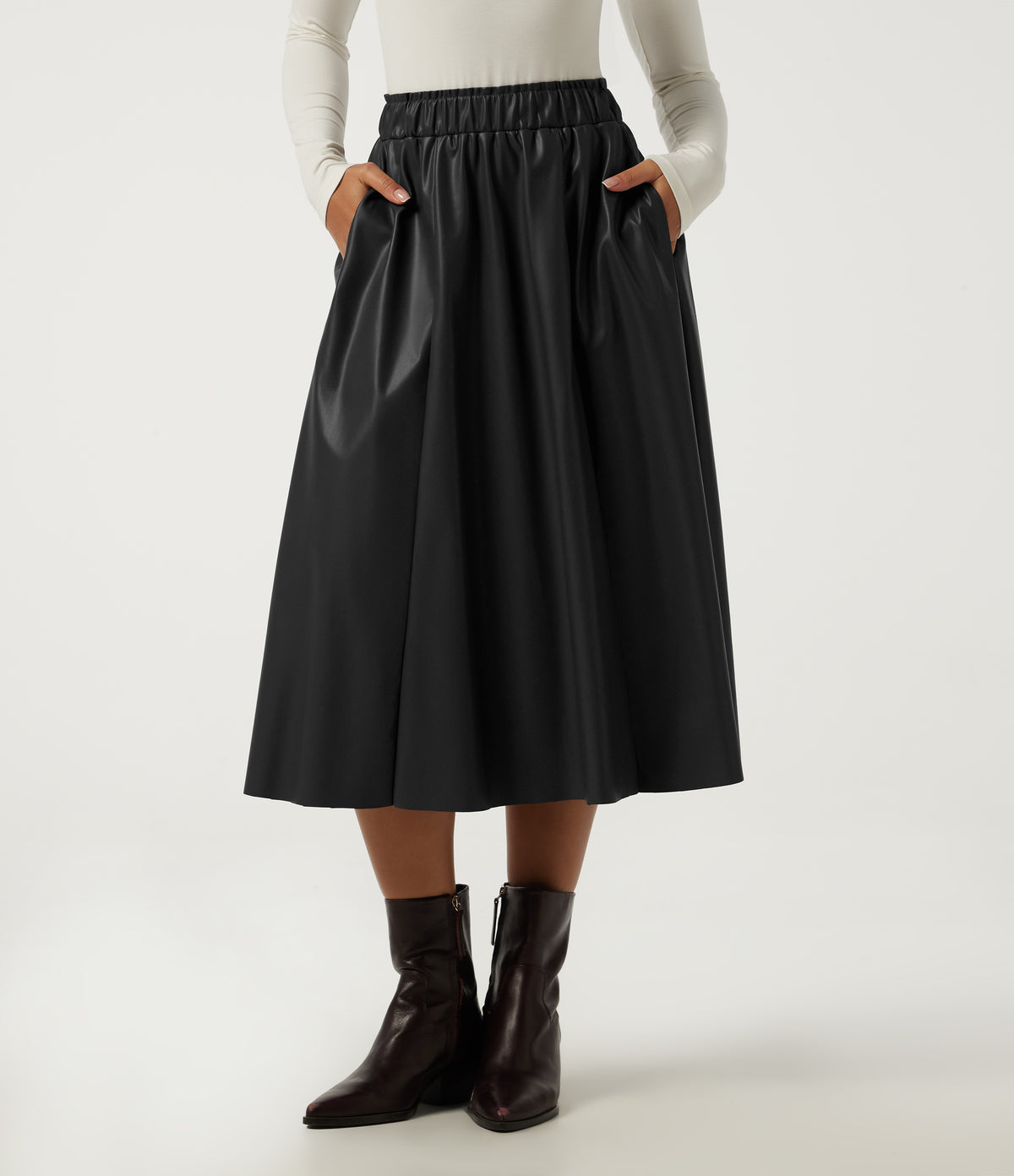High Waisted A Line Midi Casual Skirt with Pockets — Black — view 6