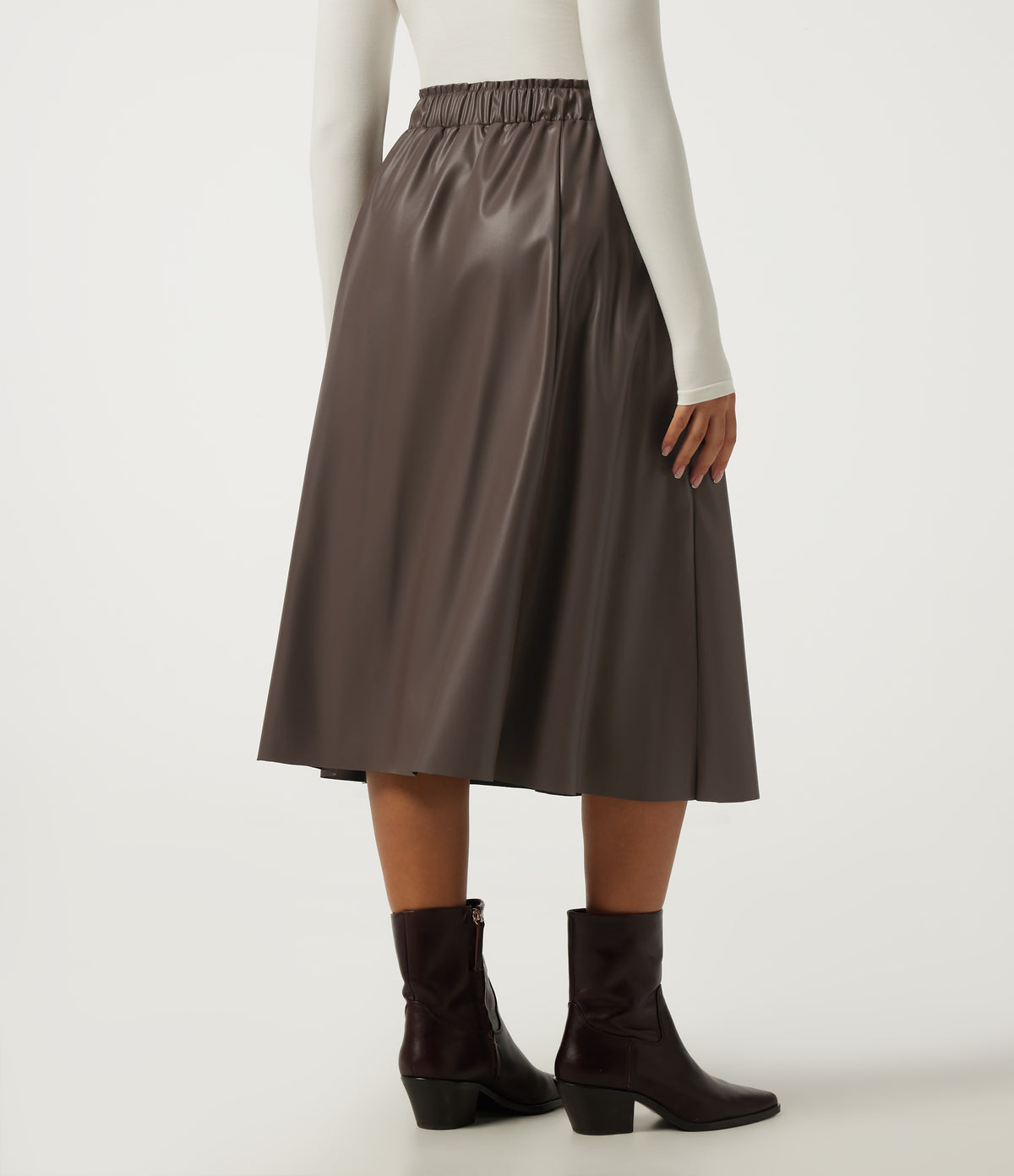High Waisted A Line Midi Casual Skirt with Pockets — Hot Fudge — view 2