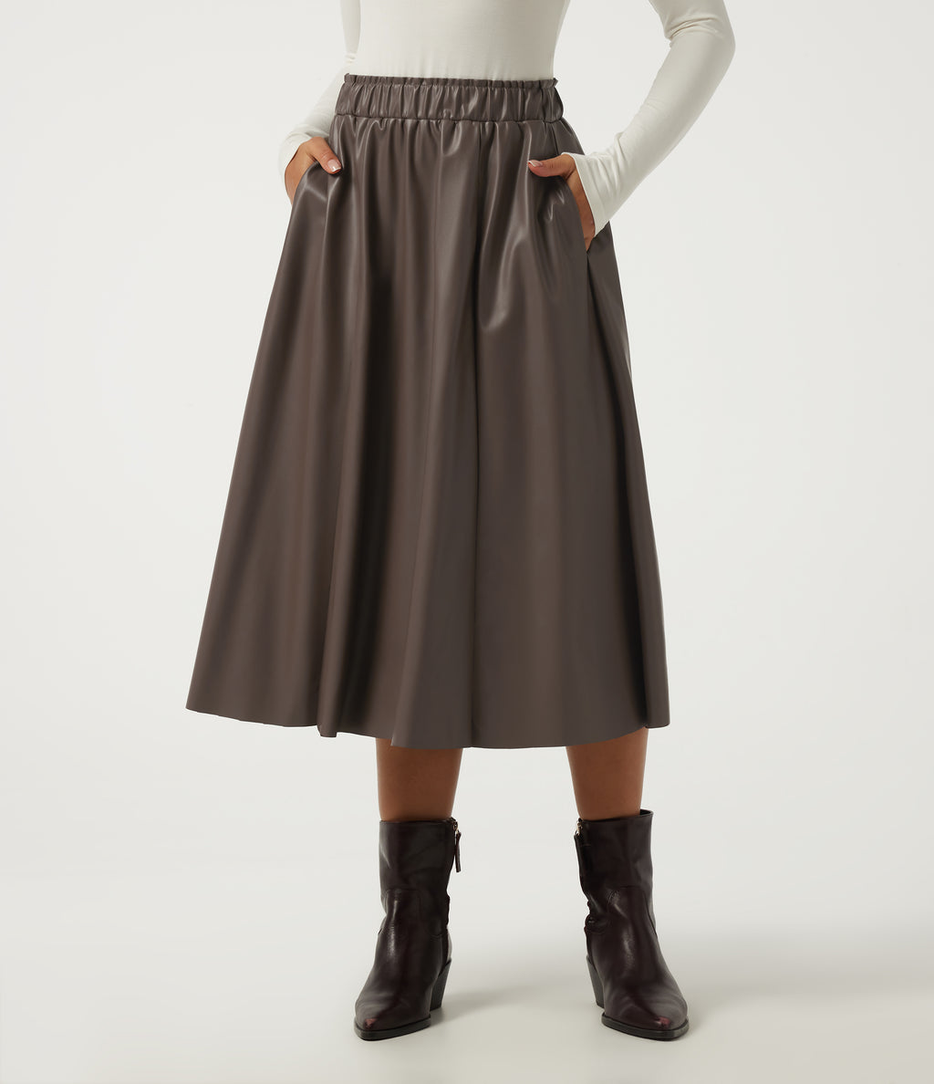 High Waisted A Line Midi Casual Skirt with Pockets — Hot Fudge — view 1