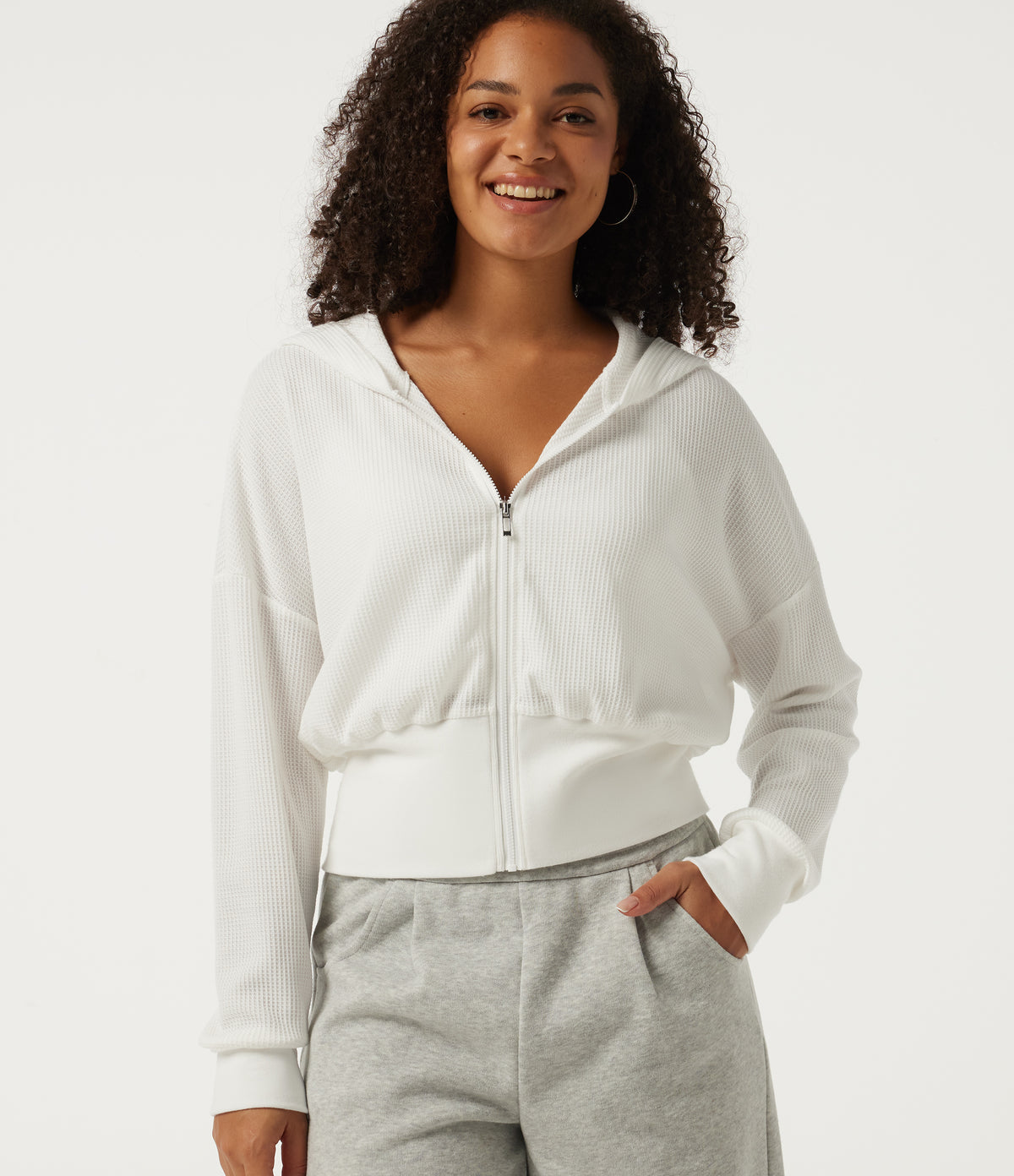 Hooded Waffle Long Sleeve Casual Sweatshirt — White — view 1