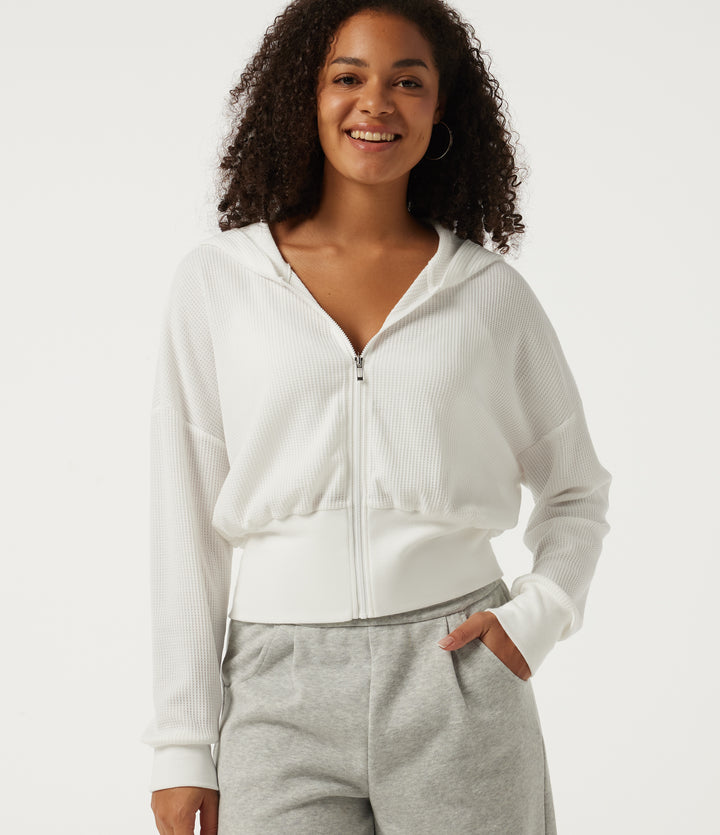 Hooded Waffle Long Sleeve Casual Sweatshirt — White — view 1