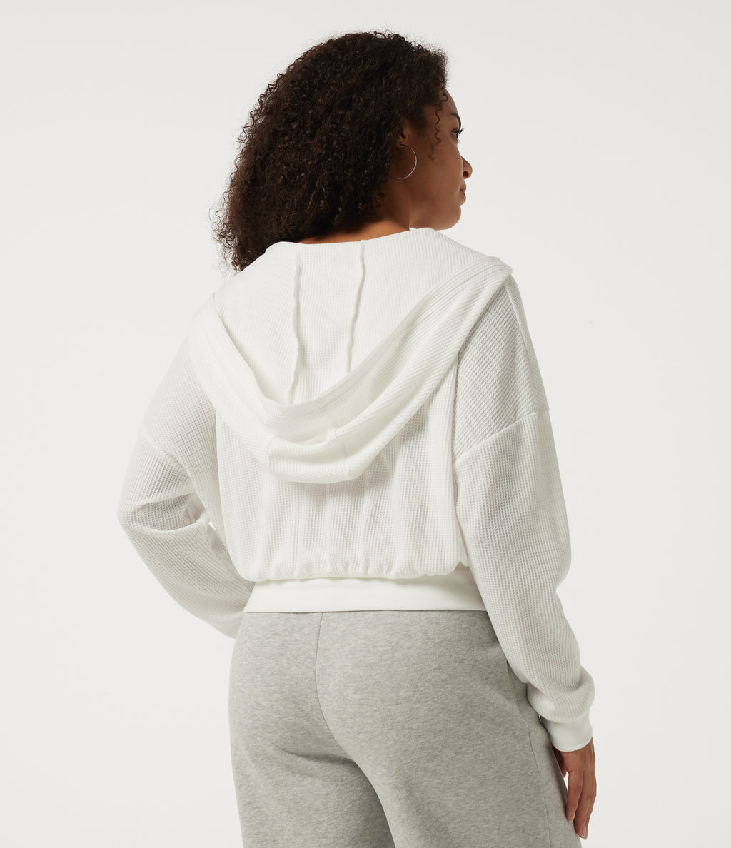 Hooded Waffle Long Sleeve Casual Sweatshirt — White — view 2