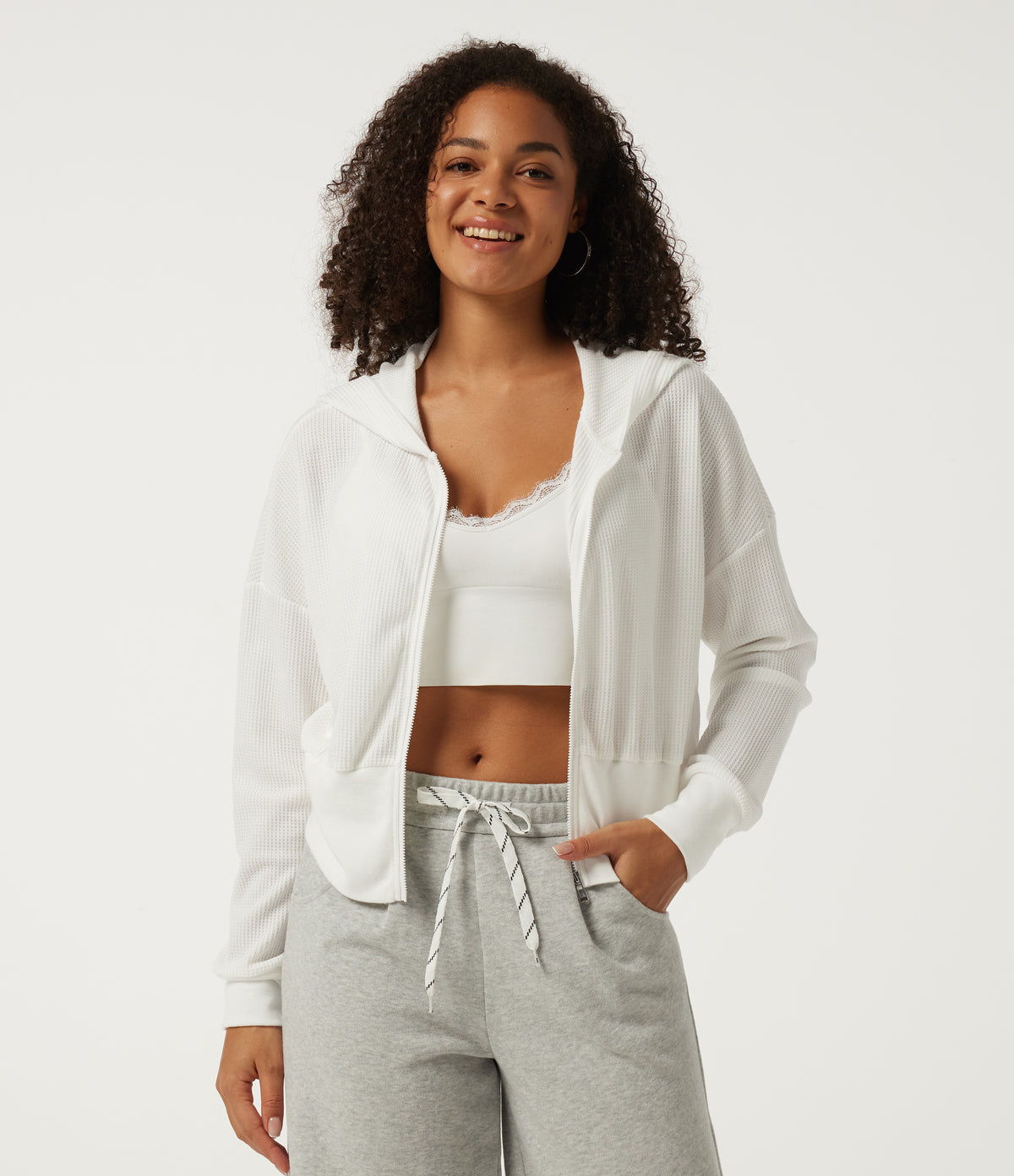 Hooded Waffle Long Sleeve Casual Sweatshirt — White — view 4