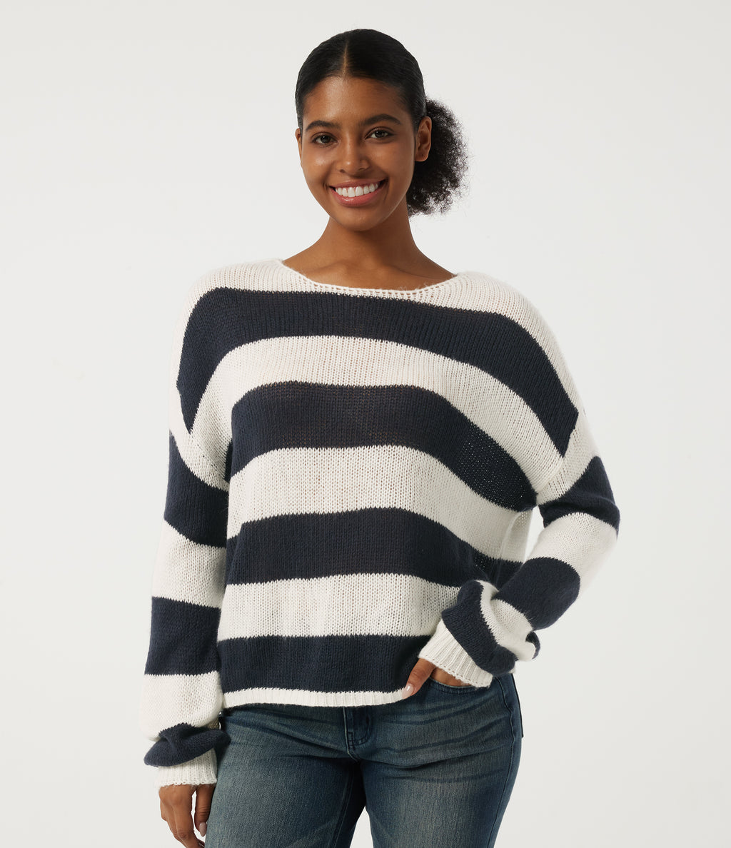 Round Neck Long Sleeve Stripe Casual Jumper — Nautical Sea Stripe — view 1