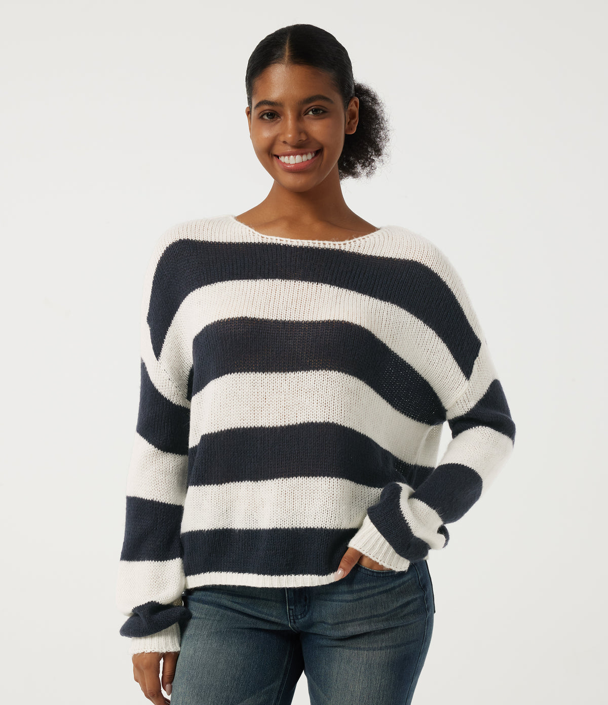 Round Neck Long Sleeve Stripe Casual Jumper — Nautical Sea Stripe — view 1