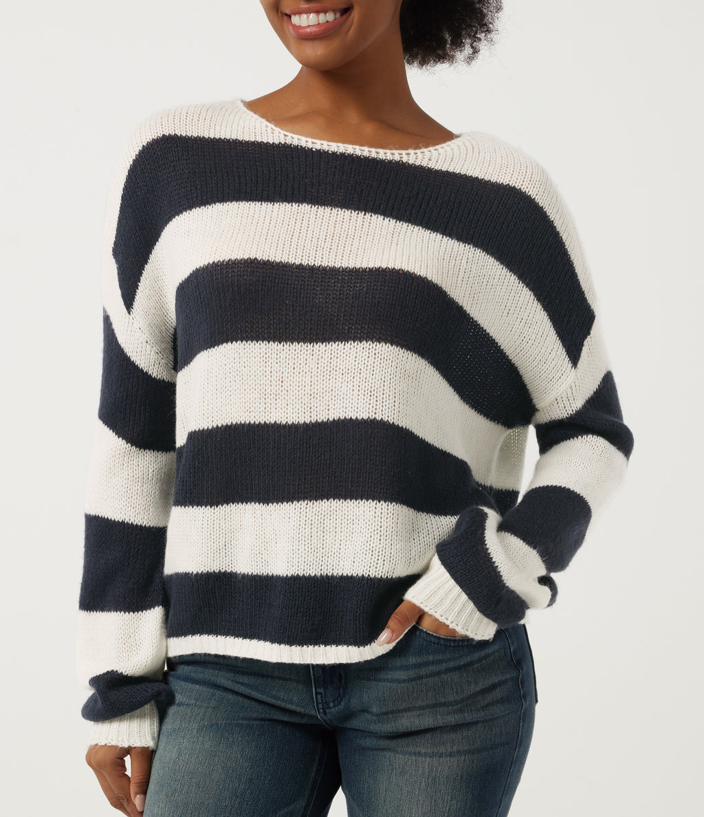 Round Neck Long Sleeve Stripe Casual Jumper — Nautical Sea Stripe — view 5