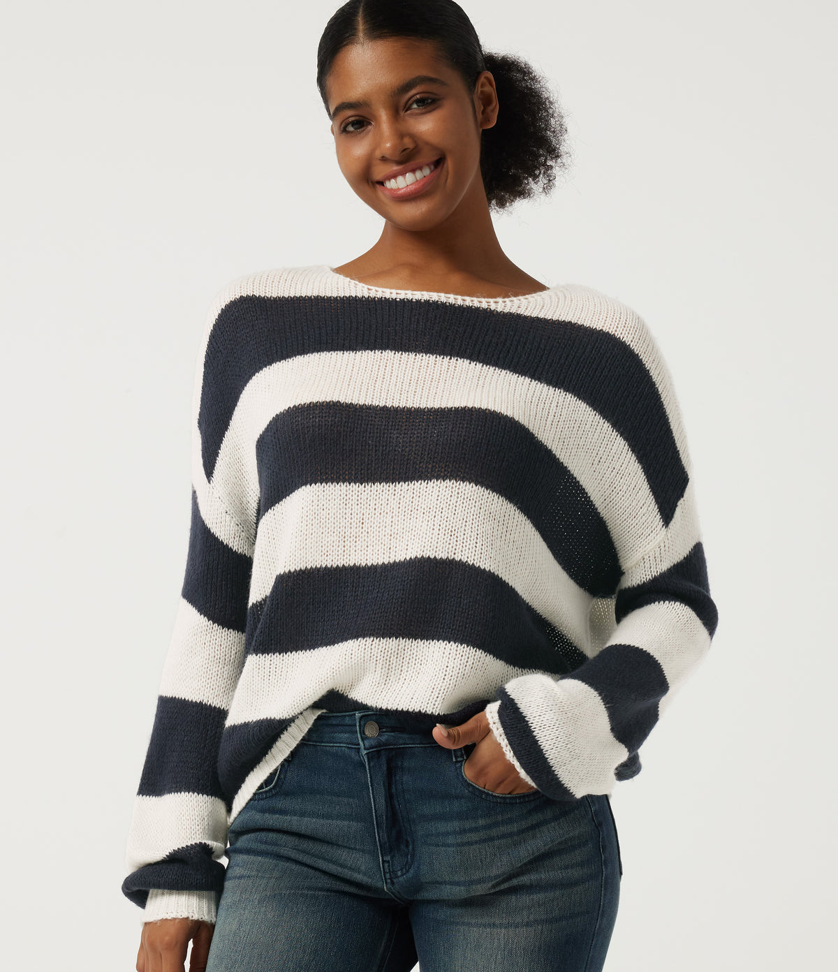 Round Neck Long Sleeve Stripe Casual Jumper — Nautical Sea Stripe — view 4