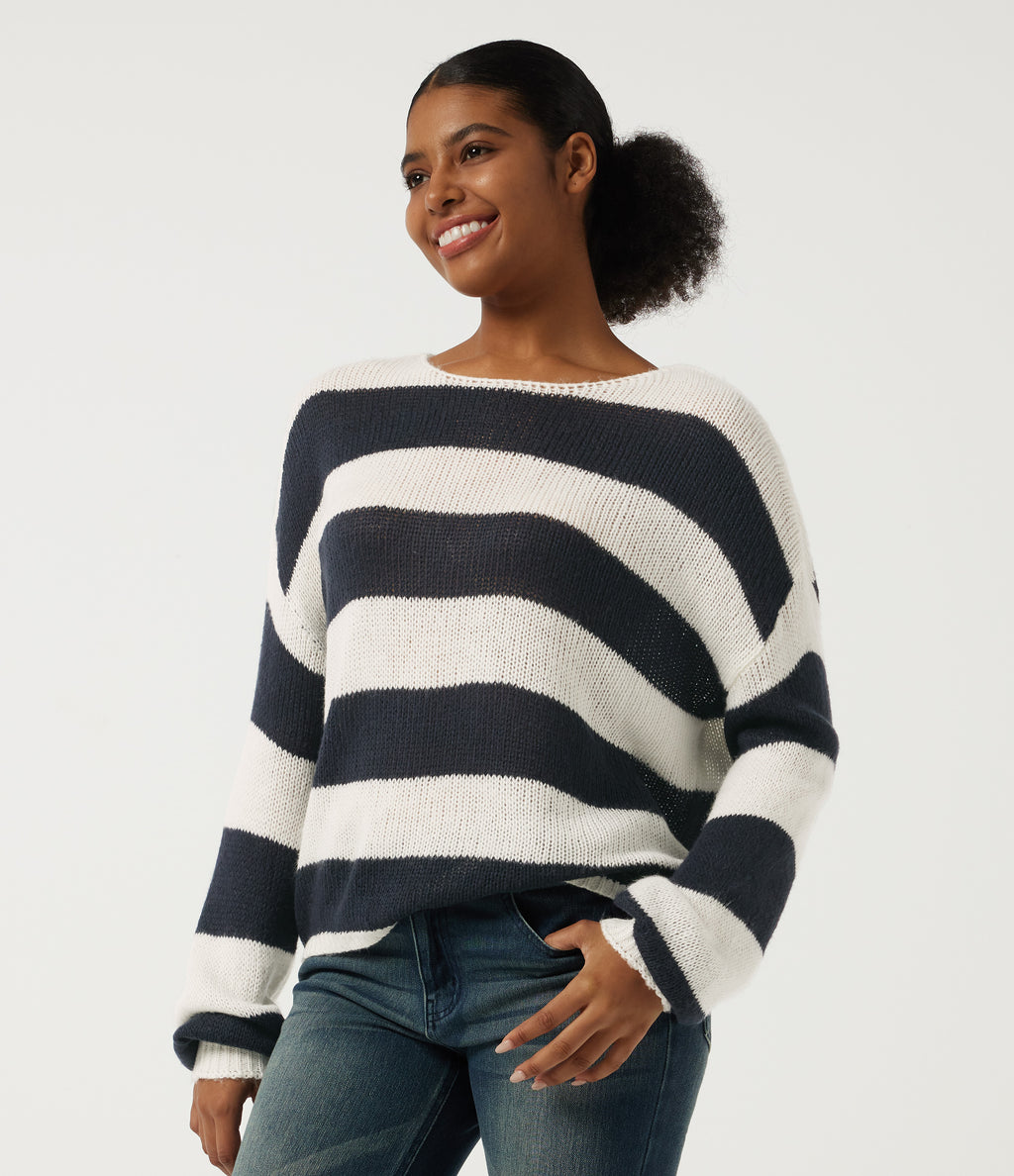 Round Neck Long Sleeve Stripe Casual Jumper — Nautical Sea Stripe — view 3