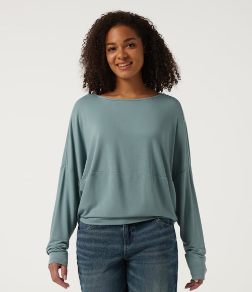 Boat Neck Long Sleeve Casual Sweatshirt — Stone Blue — view 1