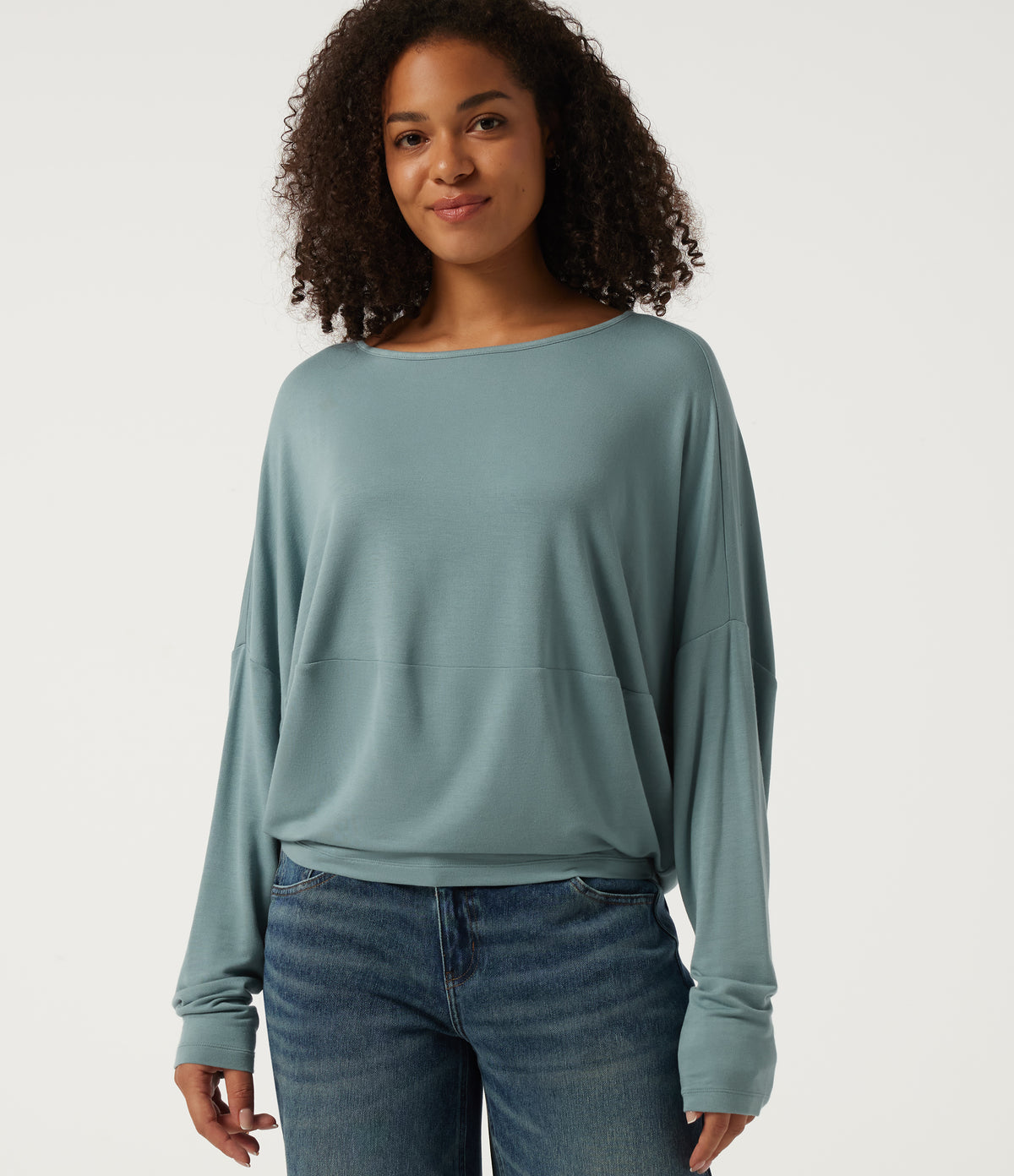 Boat Neck Long Sleeve Casual Sweatshirt — Stone Blue — view 4