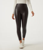 High Waisted Tummy Control Color Block Skinny Stretchy PU Fleece Casual Leggings with Pockets — Hot Fudge — view 3