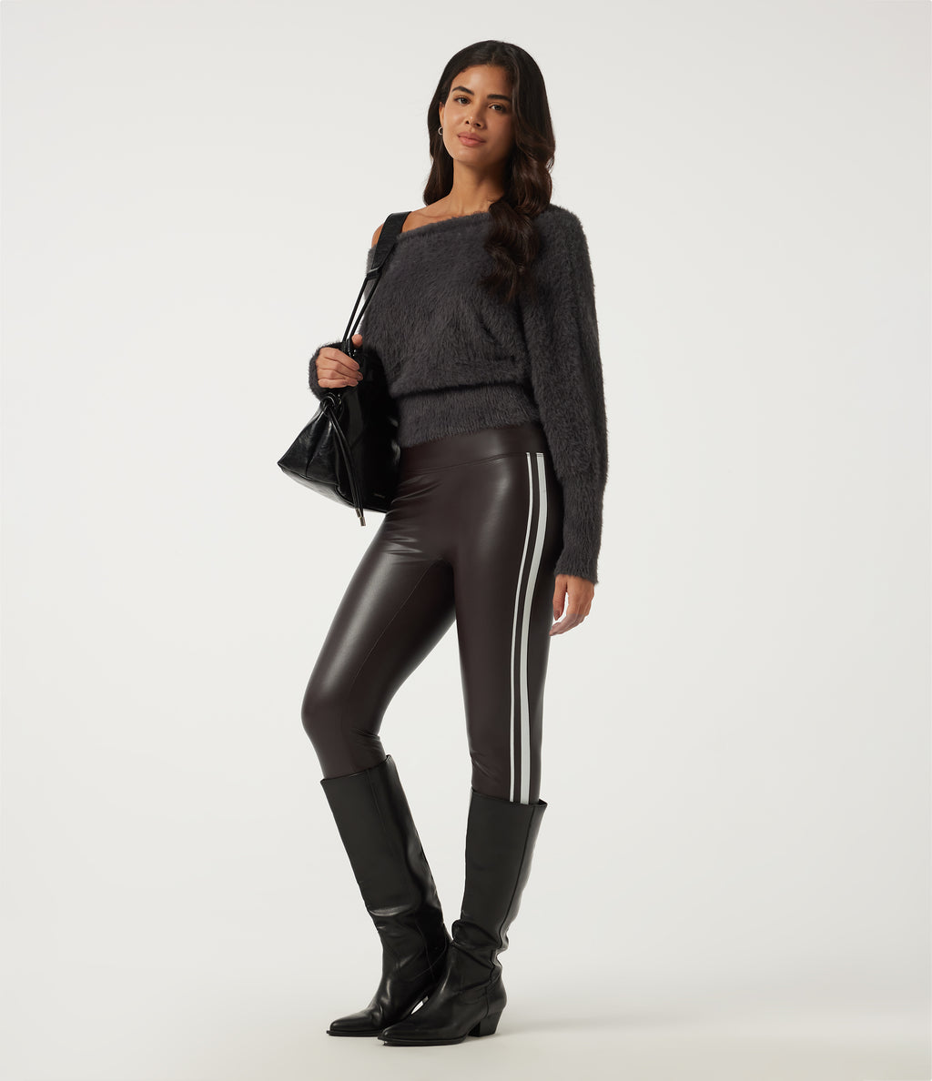 High Waisted Tummy Control Color Block Skinny Stretchy PU Fleece Casual Leggings with Pockets — Hot Fudge — view 7