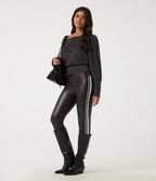 High Waisted Tummy Control Color Block Skinny Stretchy PU Fleece Casual Leggings with Pockets — Hot Fudge — view 7