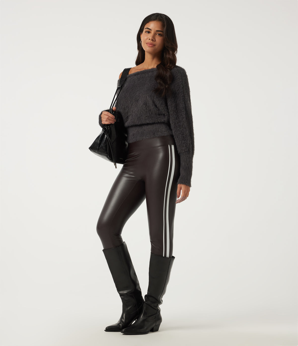 High Waisted Tummy Control Color Block Skinny Stretchy PU Fleece Casual Leggings with Pockets — Hot Fudge — view 7