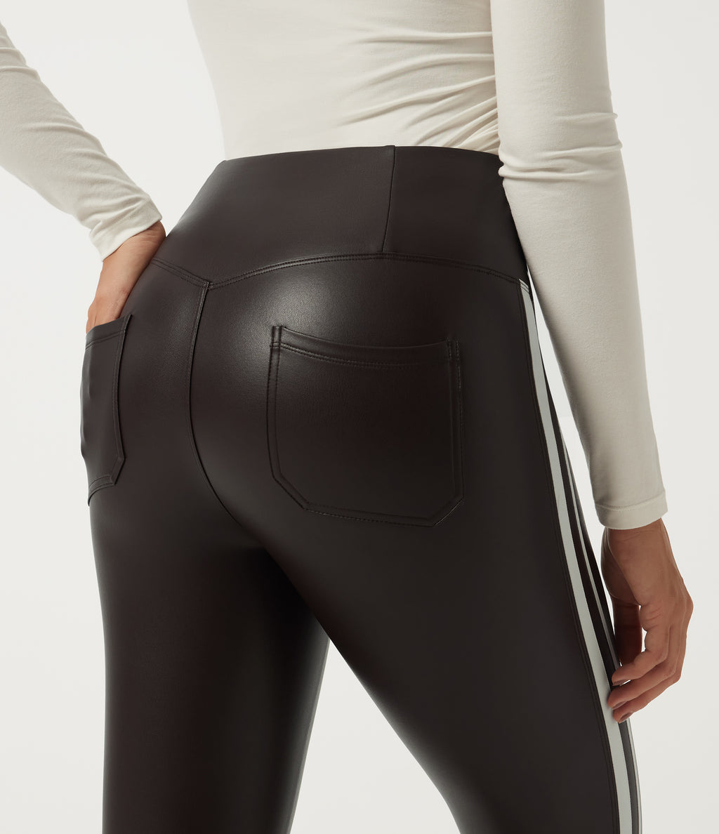 High Waisted Tummy Control Color Block Skinny Stretchy PU Fleece Casual Leggings with Pockets — Hot Fudge — view 5