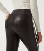 High Waisted Tummy Control Color Block Skinny Stretchy PU Fleece Casual Leggings with Pockets — Hot Fudge — view 5
