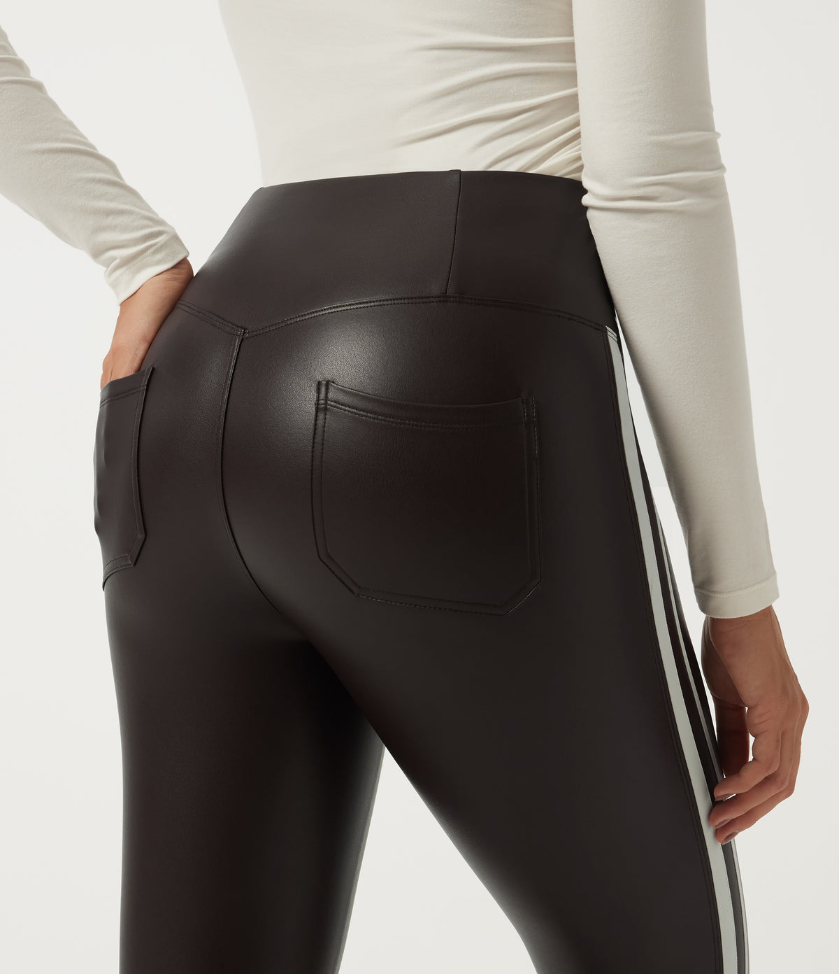 High Waisted Tummy Control Color Block Skinny Stretchy PU Fleece Casual Leggings with Pockets — Hot Fudge — view 5