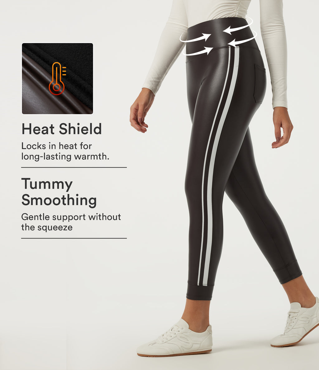 High Waisted Tummy Control Color Block Skinny Stretchy PU Fleece Casual Leggings with Pockets — Hot Fudge — view 1