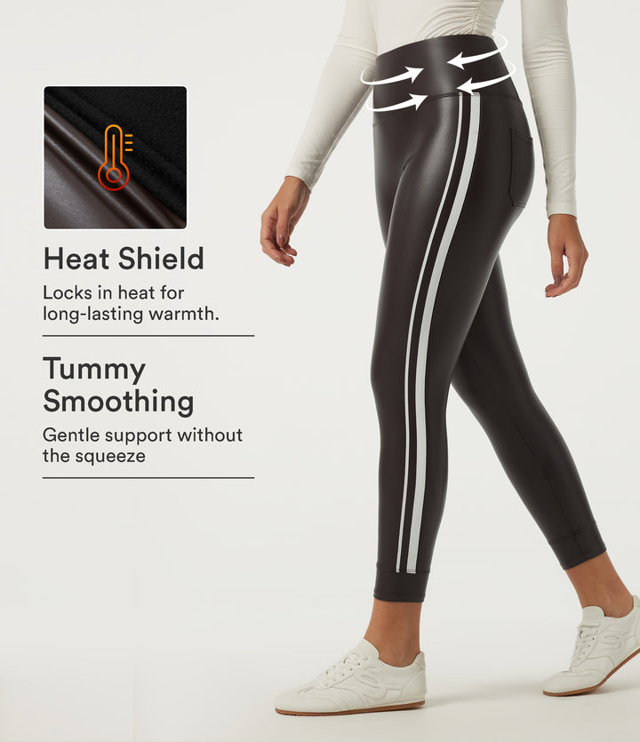 High Waisted Tummy Control Color Block Skinny Stretchy PU Fleece Casual Leggings with Pockets — Hot Fudge — view 1