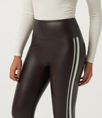High Waisted Tummy Control Color Block Skinny Stretchy PU Fleece Casual Leggings with Pockets — Hot Fudge — view 4