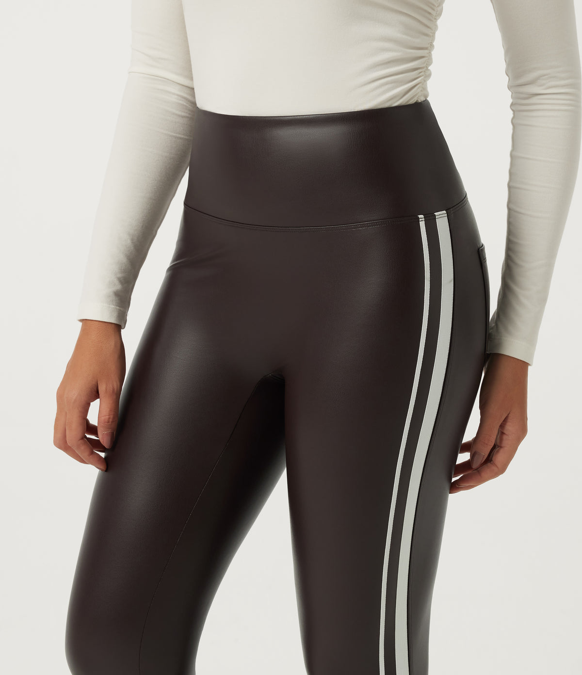 High Waisted Tummy Control Color Block Skinny Stretchy PU Fleece Casual Leggings with Pockets — Hot Fudge — view 4