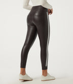 High Waisted Tummy Control Color Block Skinny Stretchy PU Fleece Casual Leggings with Pockets — Hot Fudge — view 2