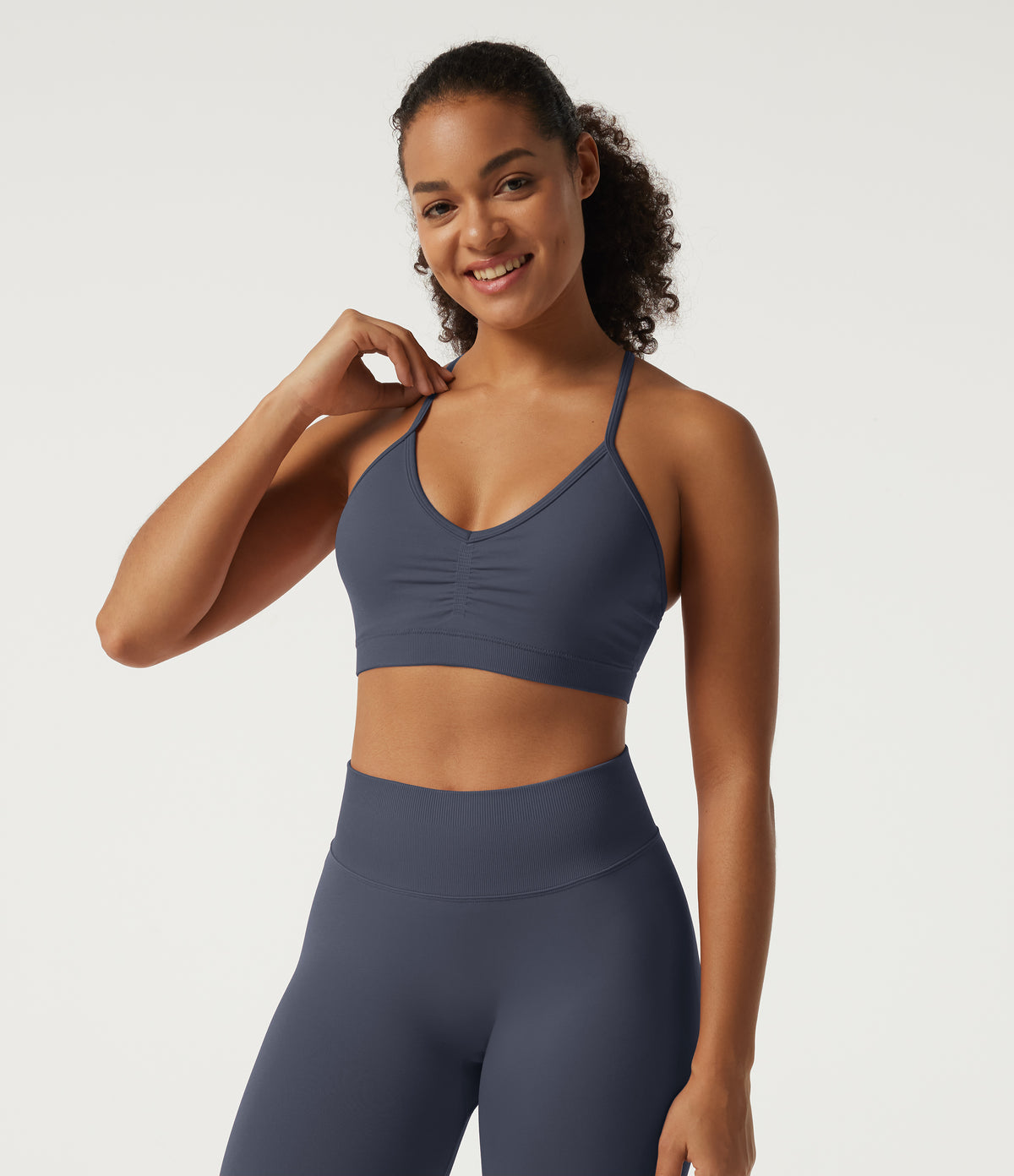 Mock Neck Long Sleeve High Waisted Skinny Seamless Flow Running Leggings Sets — Navy Blazer — view 7