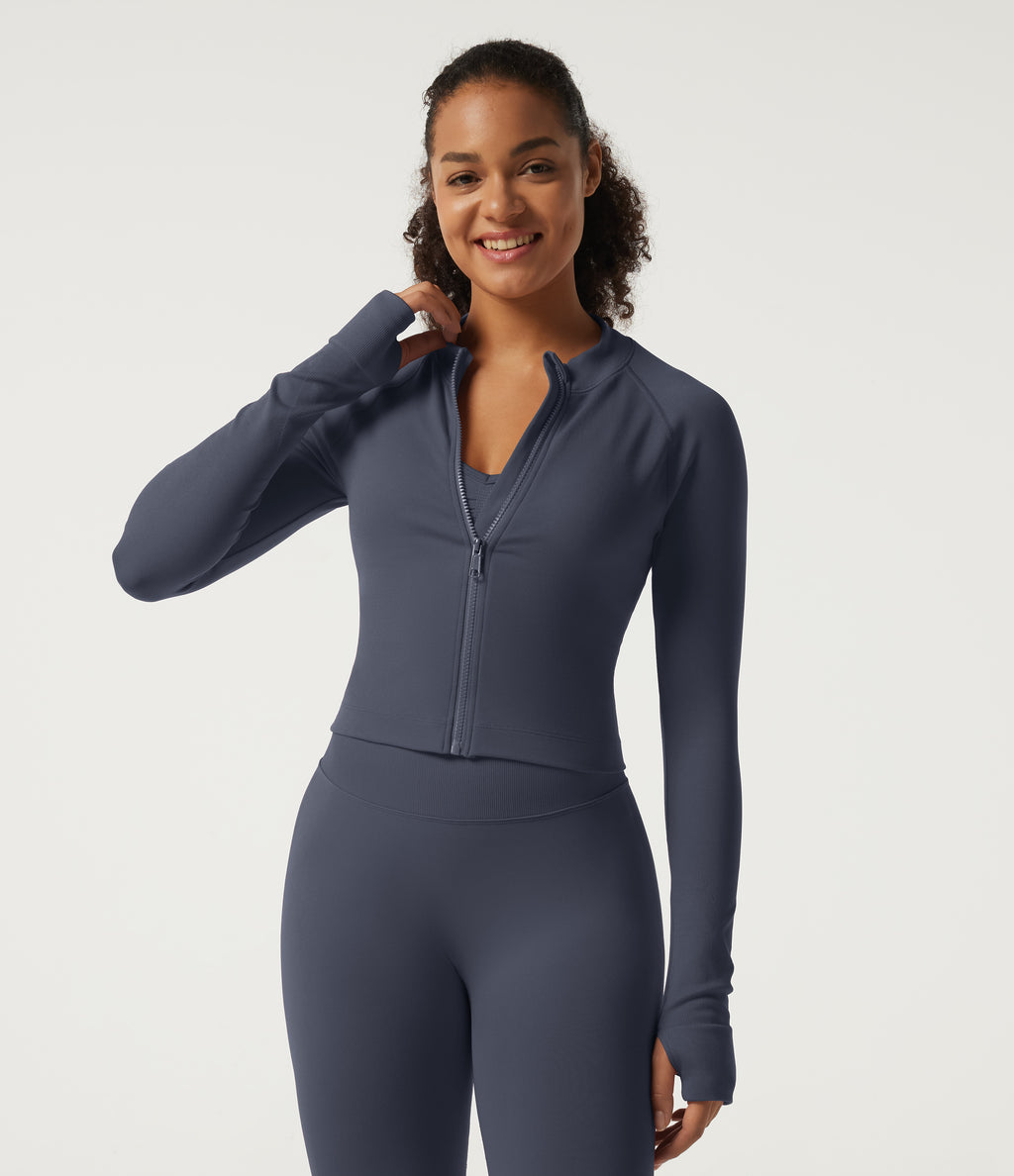 Mock Neck Long Sleeve High Waisted Skinny Seamless Flow Running Leggings Sets — Navy Blazer — view 4