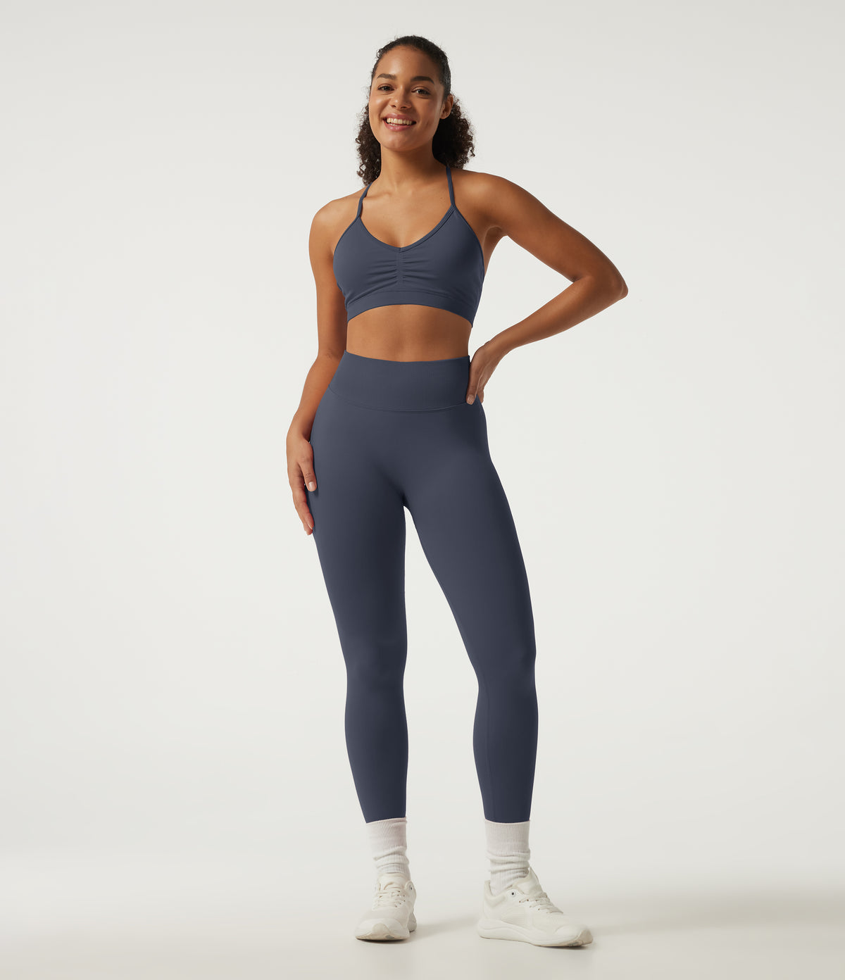 Mock Neck Long Sleeve High Waisted Skinny Seamless Flow Running Leggings Sets — Navy Blazer — view 3